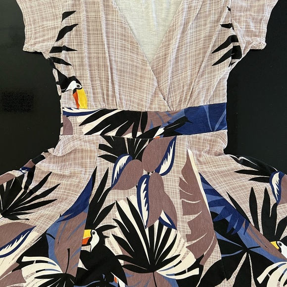 Dress tropical vacation toucan print V neck faux wrap front size Med Brazil - Picture 10 of 16